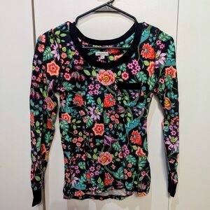 Vera Bradley Black Floral Print Jersey Knit Long Sleeved Pajama Top Shirt